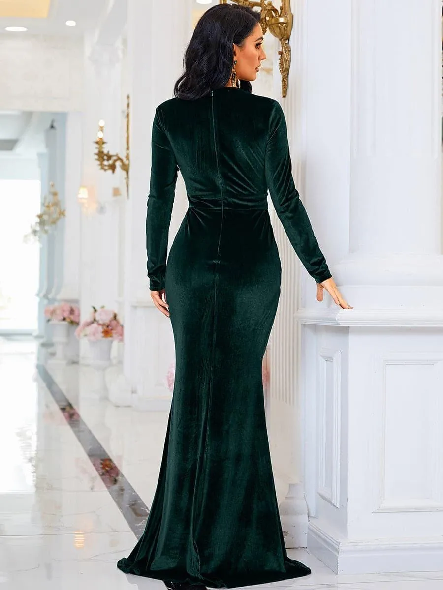 Long Sleeve Velvet Green Evening Dress XJ940