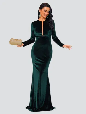 Long Sleeve Velvet Green Evening Dress XJ940