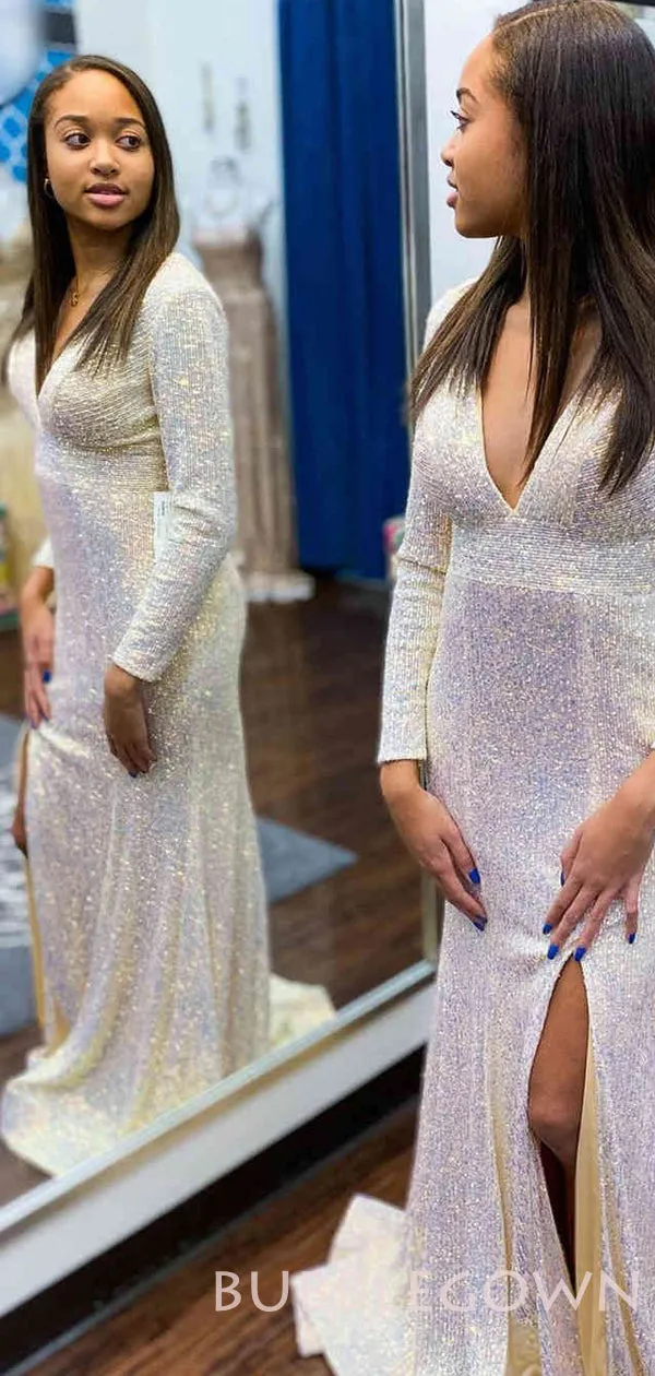 Long Sleeves Deep V-neck Champagne Sequin Mermaid Long Evening Prom Dresses, Cheap Custom Prom Dresses, MR7984