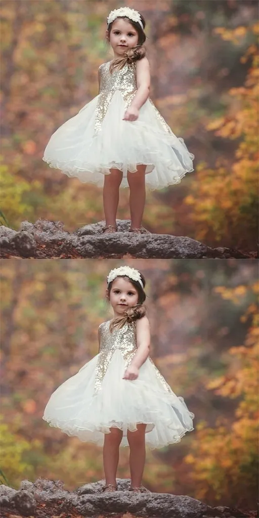 Lovely Ivory Tulle & Gold Short Cheap Sequin Flower Girl Dresses, TYP1047
