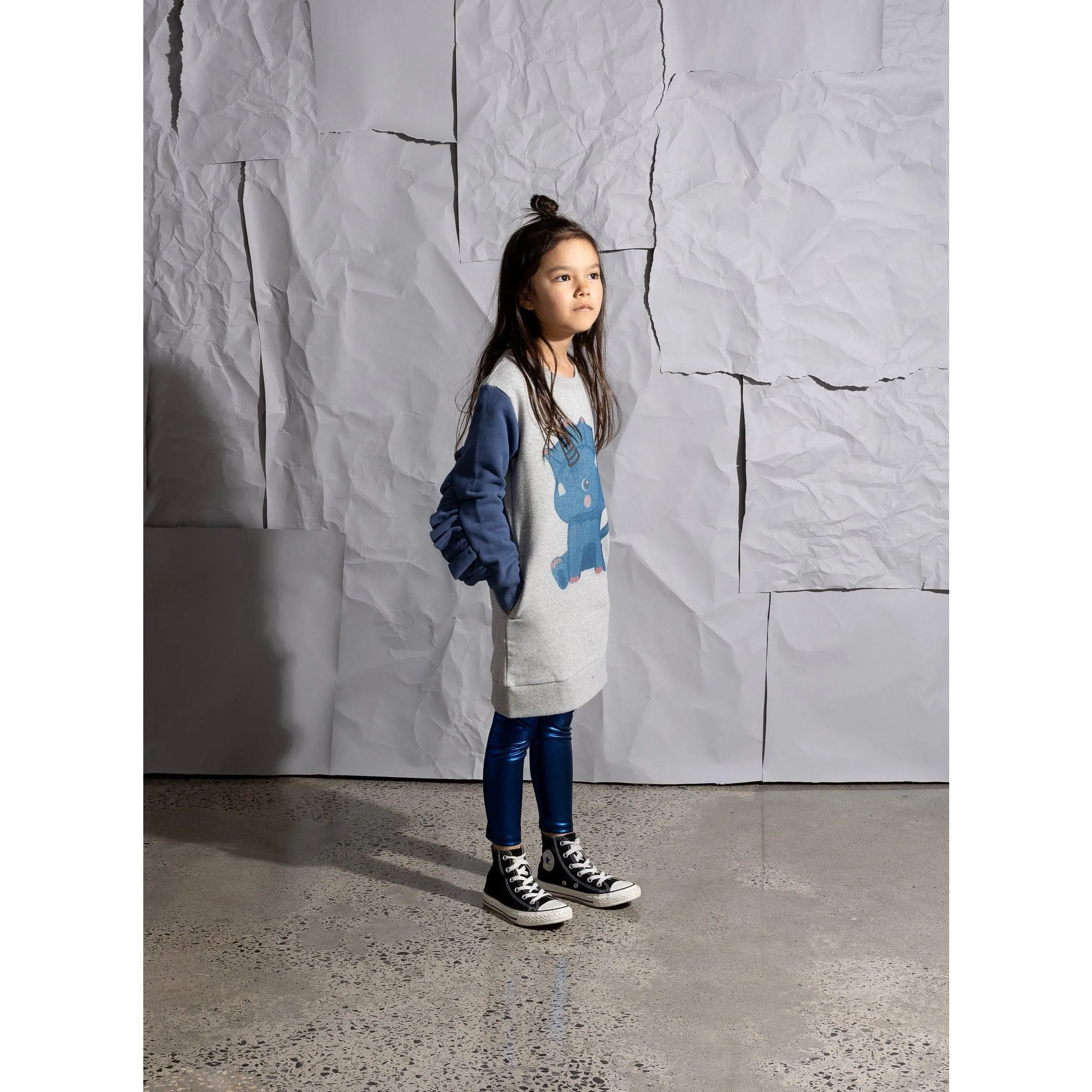 Magical Dino Furry Dress -Grey Marle/Navy
