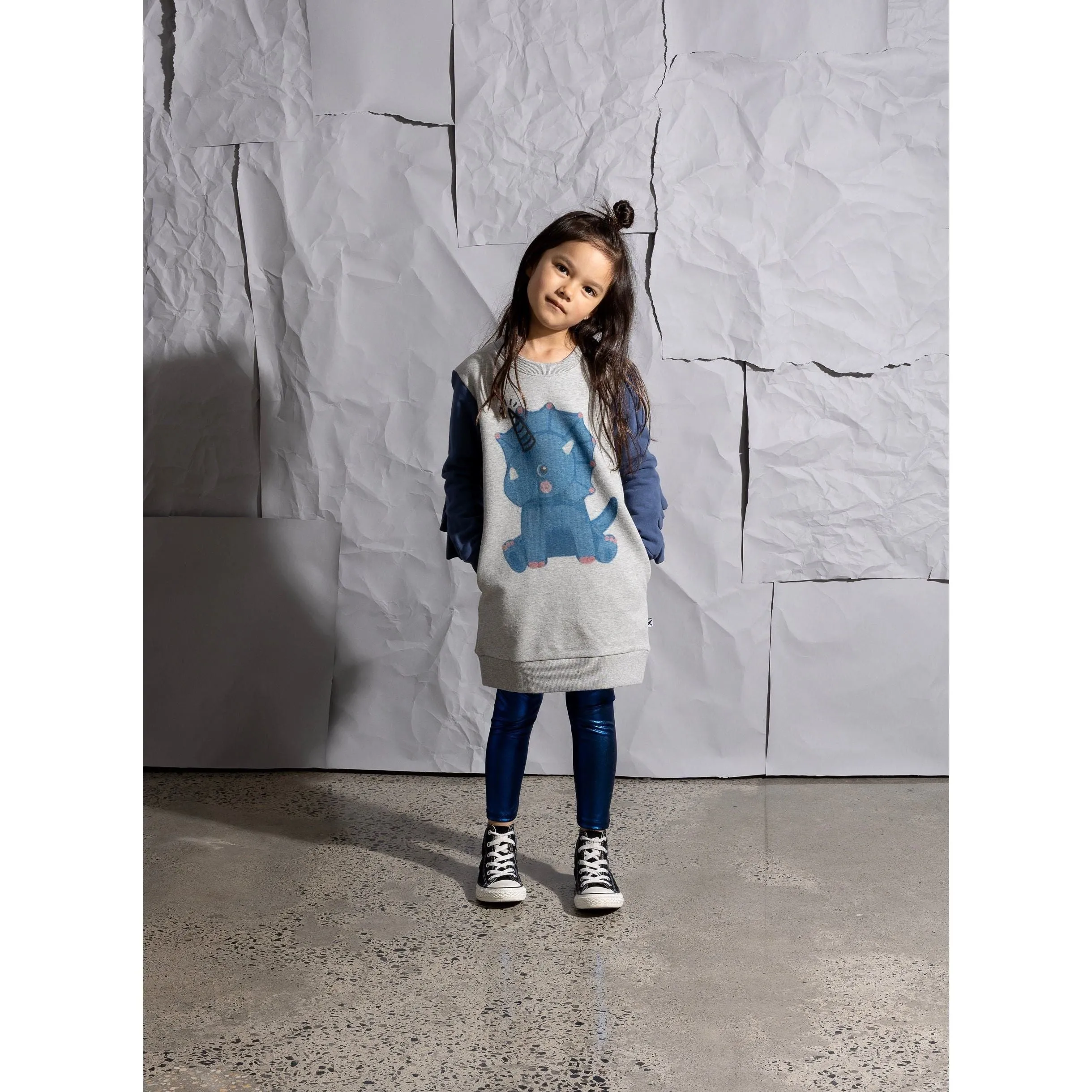 Magical Dino Furry Dress -Grey Marle/Navy