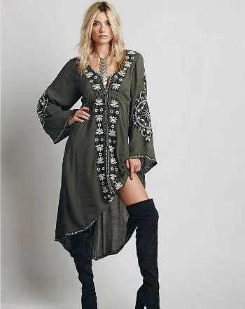MARION Long Sleeve Embroidered Cotton Dress