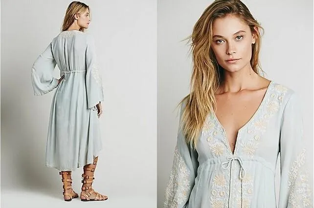 MARION Long Sleeve Embroidered Cotton Dress