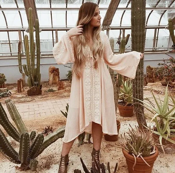 MARION Long Sleeve Embroidered Cotton Dress