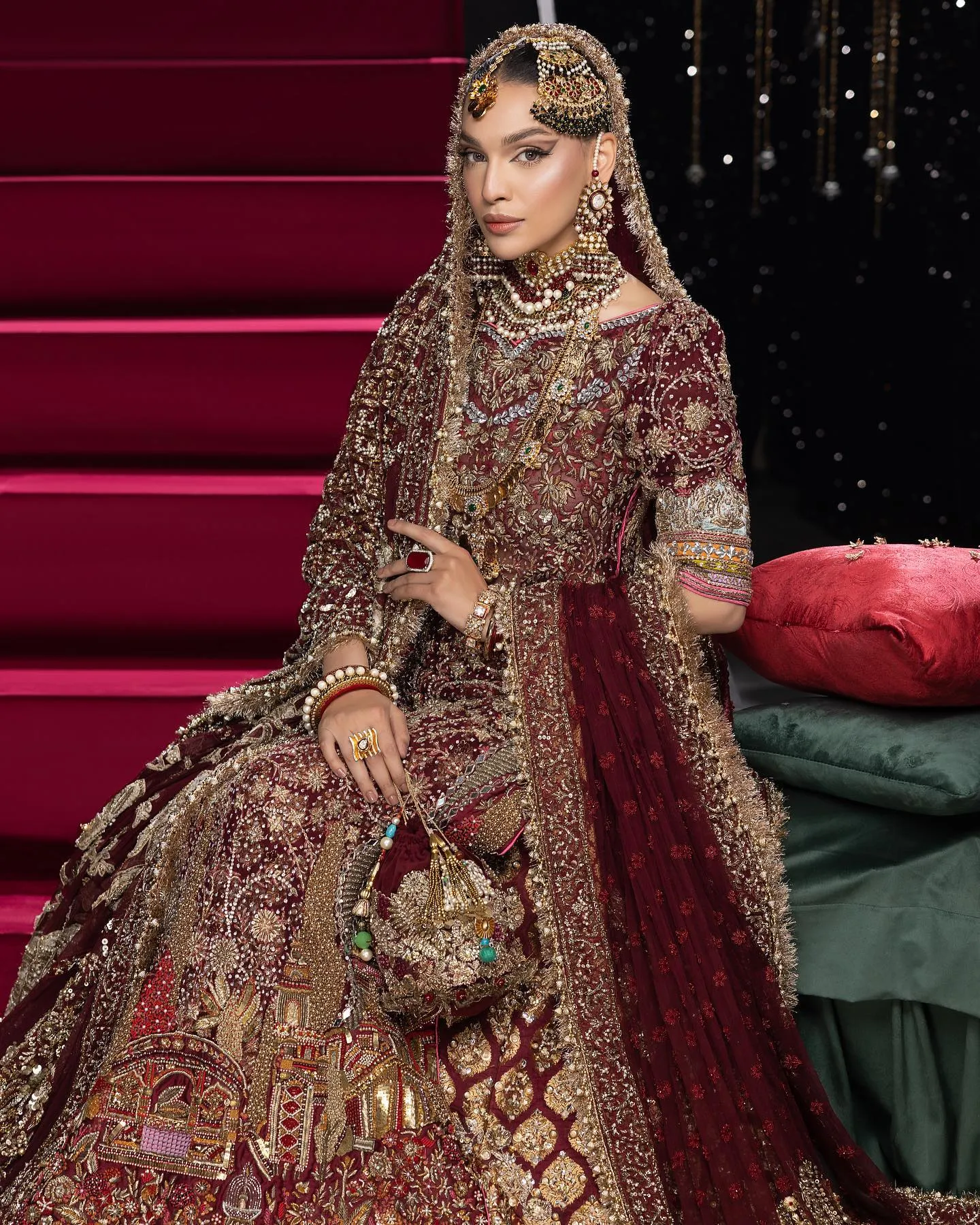 Maroon Long Kameez Lehenga Pakistani Bridal Dresses