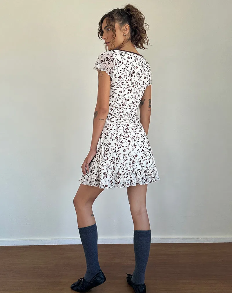 Melva Mini Dress in Brown Stem Flower Flock
