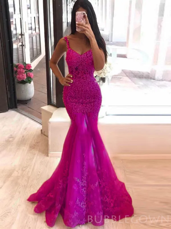 Mermaid Fuchsia Tulle Appliques Spaghetti Straps Long lace Evening Prom Dresses, MR8122