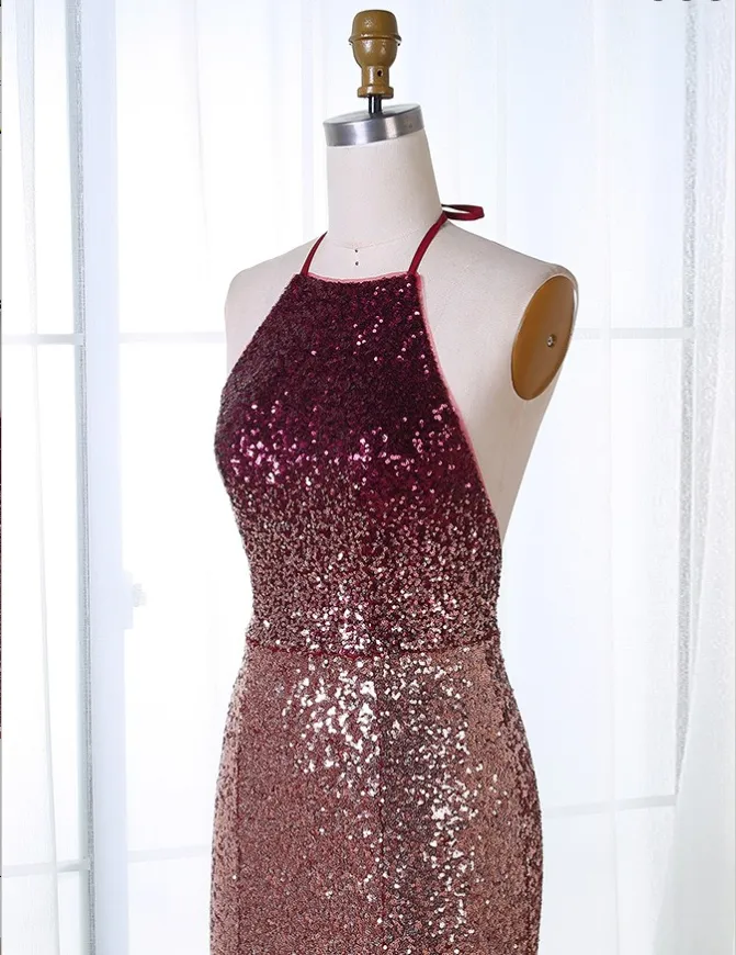 Mermaid Halter Backless Long Cheap Ombre Sequined Prom Dresses, TYP1297