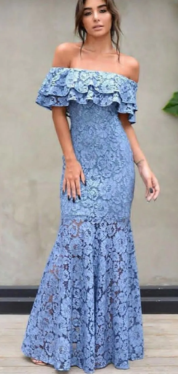 Mermaid Off-the-Shoulder Blue Lace Prom Dresses with Ruffles, TYP1310