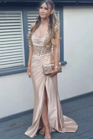 Mermaid Spaghetti Straps Beaded Corset Long Prom Dresses With Slit, MP971