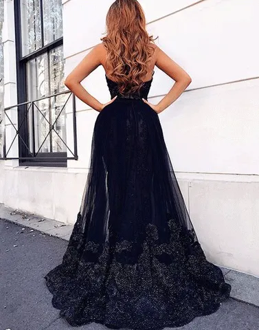 Mermaid Sweetheart Split Front Detachable Train Black Lace Prom Dresses, TYP1849