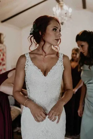 Mermaid V-neck Lace Beaded Wedding Dresses With Train, Bridal Gown, MW802