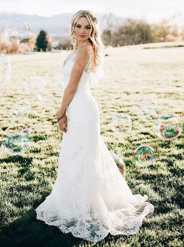 Mermaid V-Neck Sweep Train Sleeveless White Lace Wedding Dresses, TYP1544