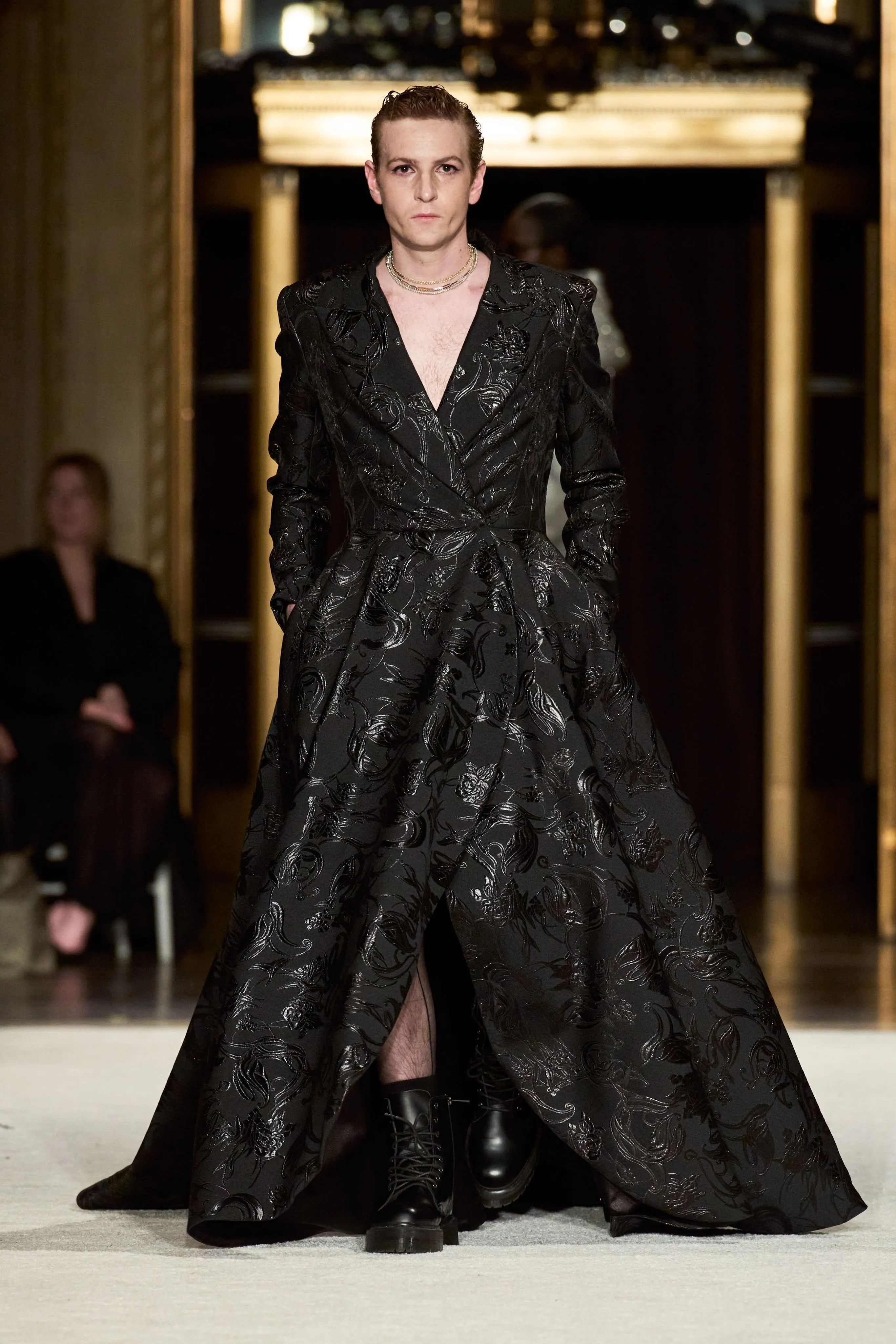Metallic Brocade Tuxedo Gown