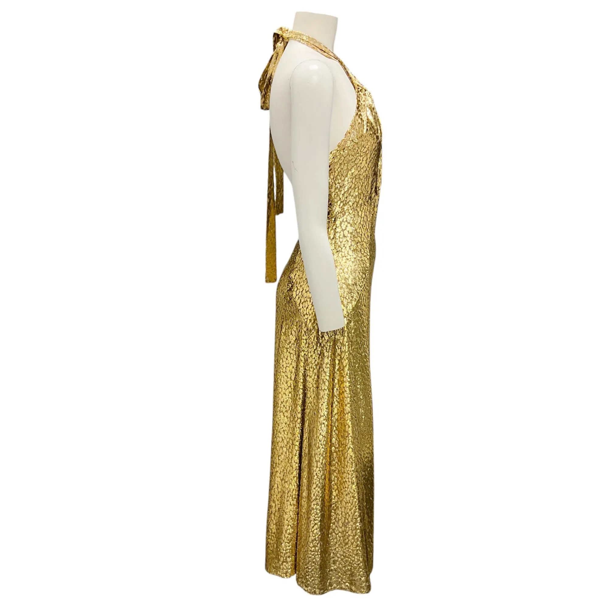 Michael Kors Collection Gold Metallic Leopard Fil Coupe Halter Dress