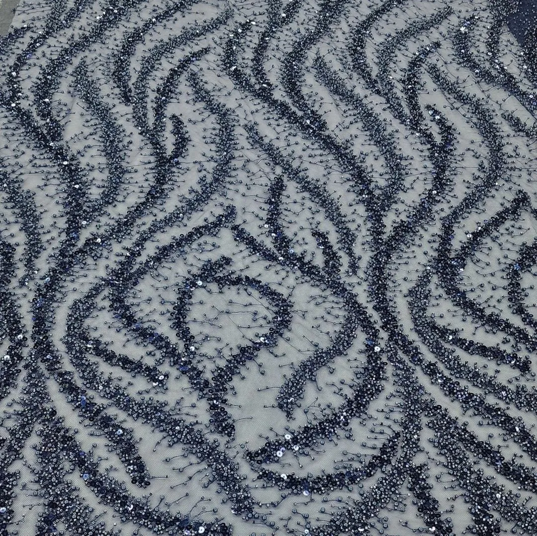 Milani Beaded Lace Fabric Navy Blue 130cm