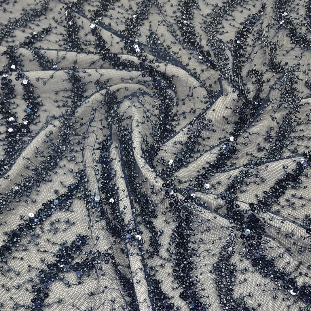 Milani Beaded Lace Fabric Navy Blue 130cm