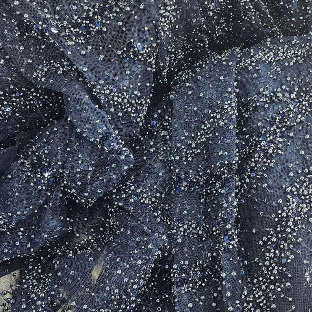 Milani Beaded Lace Fabric Navy Blue 130cm