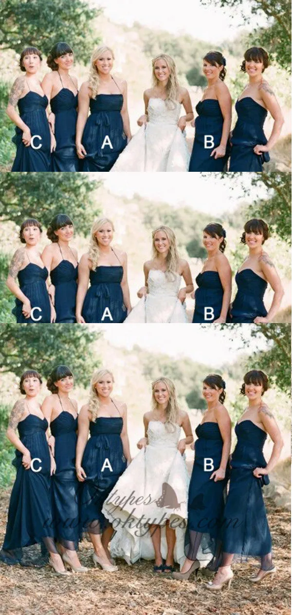 Mismatched A-Line Halter Pleated Navy Blue Tulle Bridesmaid Dresses, TYP1474