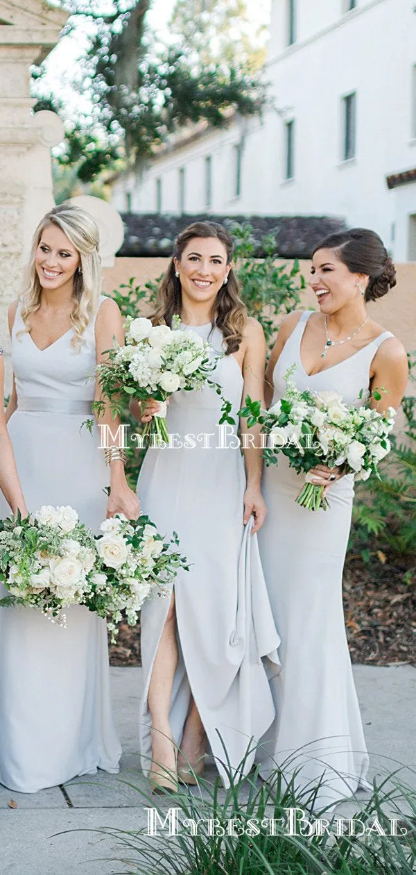 Mismatched Simple Dusty Blue Elastic Silk A-line Long Cheap Bridesmaid Dresses, BDS0078