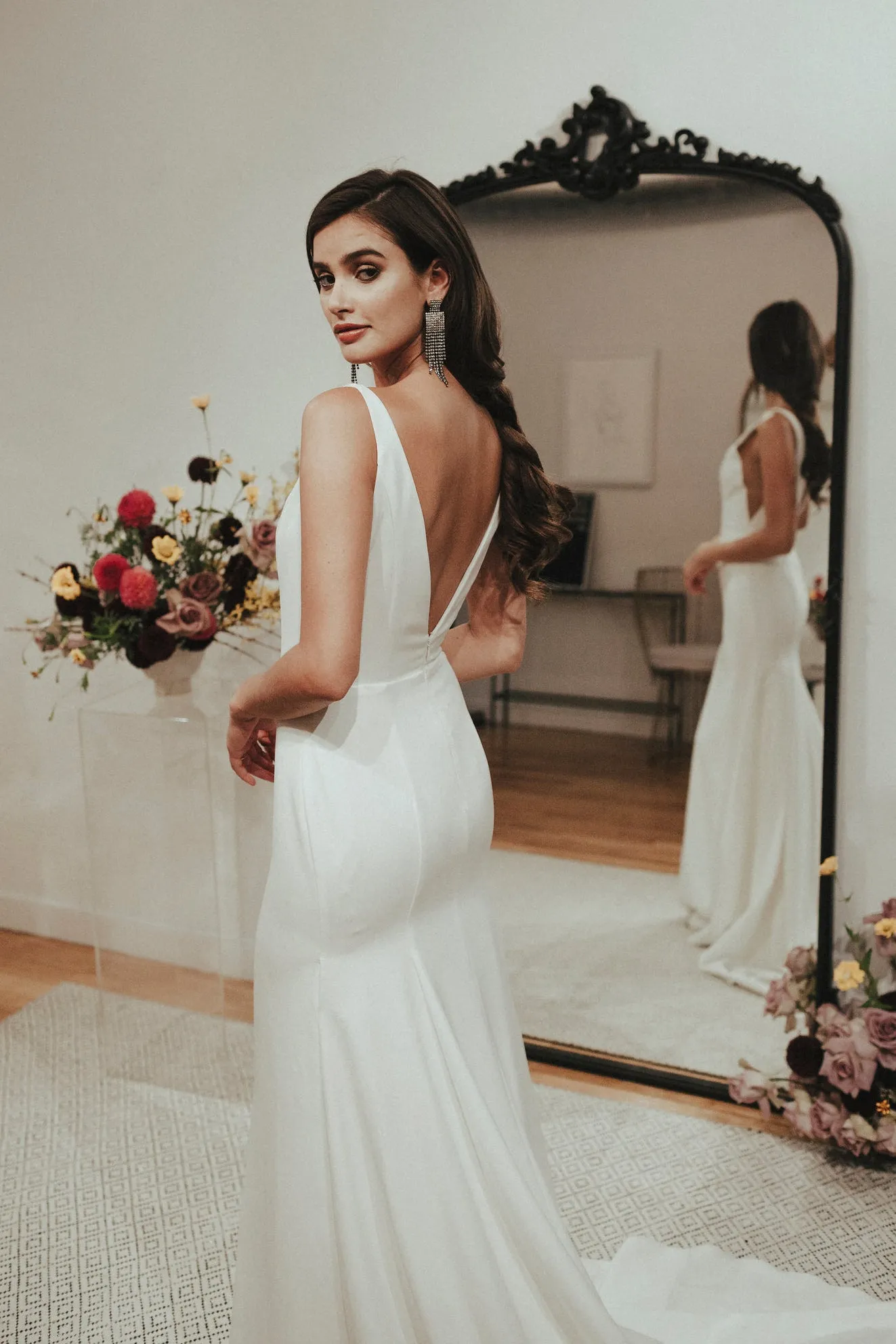 Modern Sexy Mermaid V-neck Satin Wedding Gown With Train And Deep V-back-715659
