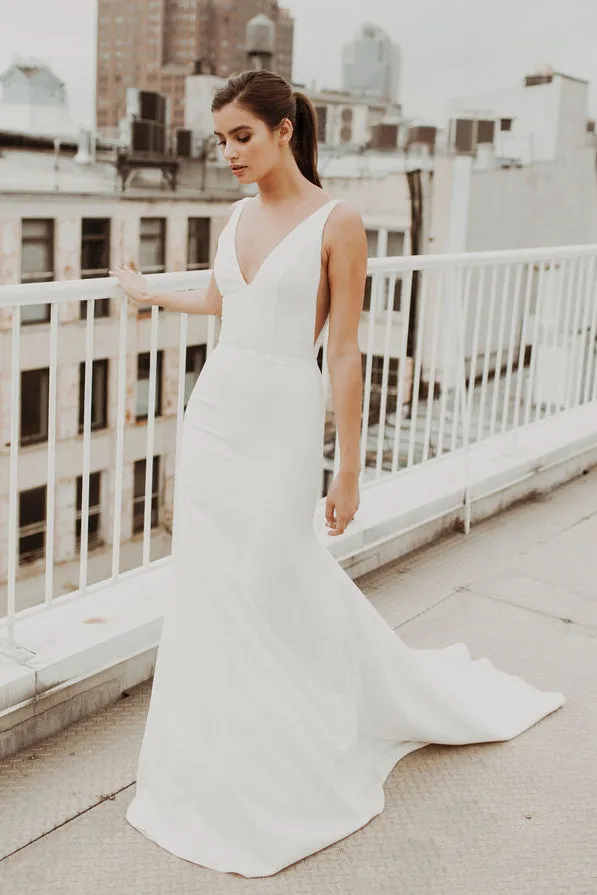 Modern Sexy Mermaid V-neck Satin Wedding Gown With Train And Deep V-back-715659