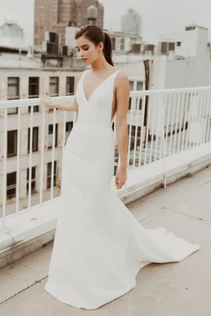 Modern Sexy Mermaid V-neck Satin Wedding Gown With Train And Deep V-back-715659