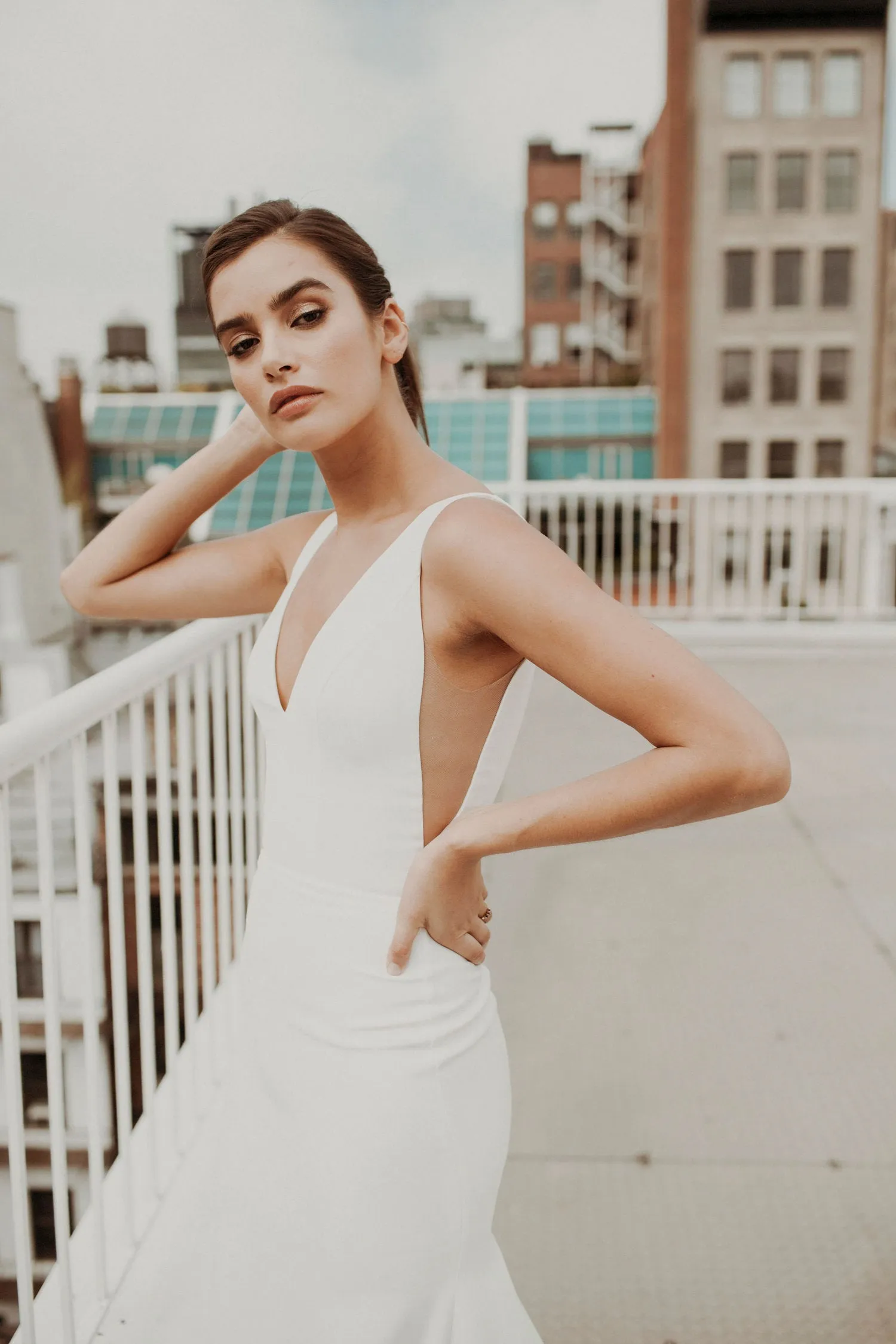 Modern Sexy Mermaid V-neck Satin Wedding Gown With Train And Deep V-back-715659
