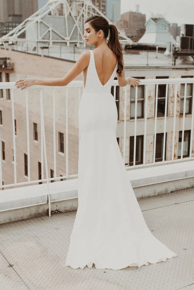 Modern Sexy Mermaid V-neck Satin Wedding Gown With Train And Deep V-back-715659