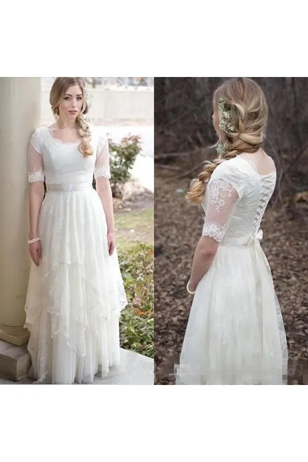 Modest Country Tulle Scoop Neck Short Sleeve Wedding Dress-715358