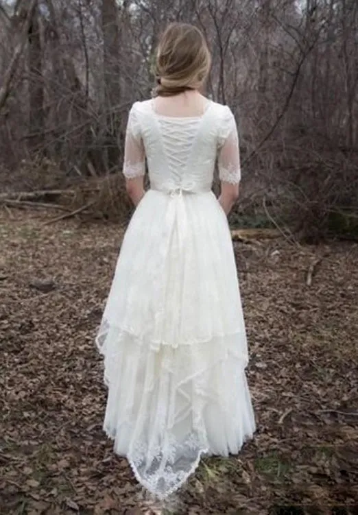Modest Country Tulle Scoop Neck Short Sleeve Wedding Dress-715358