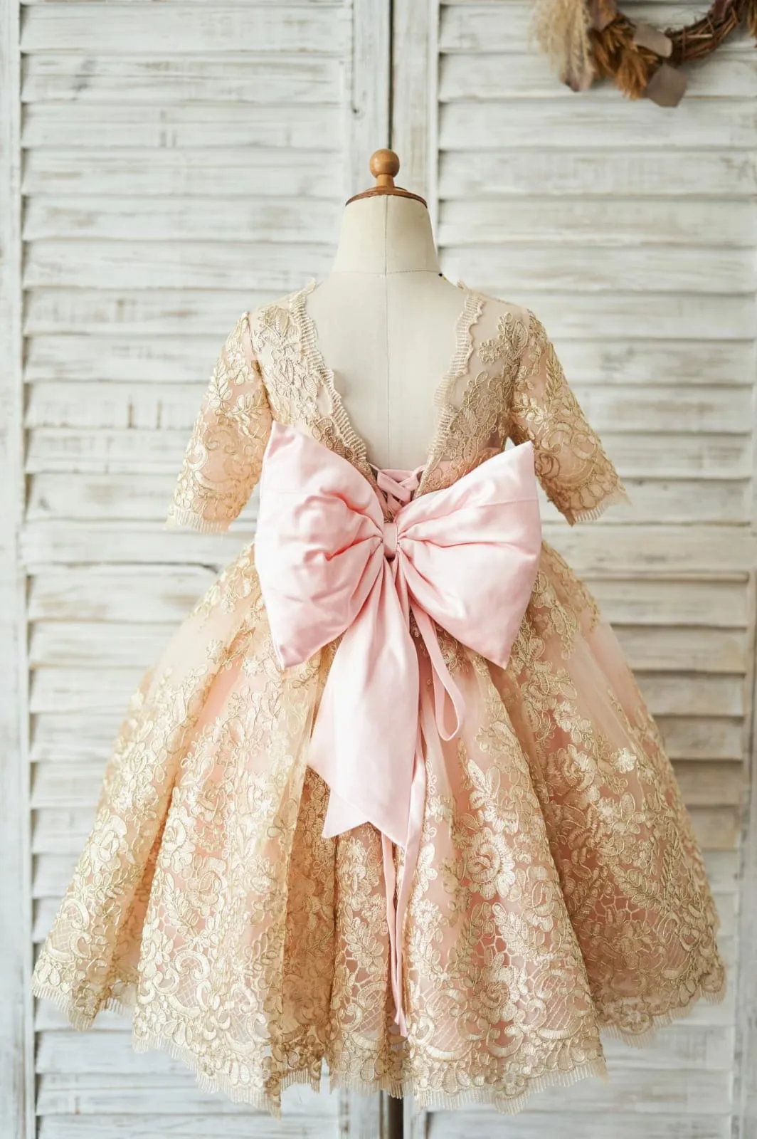 Modest Gold Lace Pink Lining Short Sleeves V Back Wedding Flower Girl Dress
