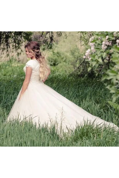 Modest Illusion Scoop Neckline Cap Sleeves Beaded Crystal Lace A-line Wedding Gown-715323