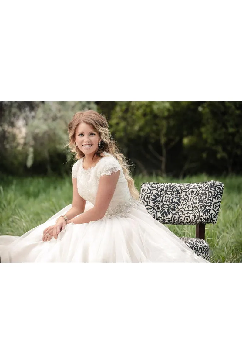 Modest Illusion Scoop Neckline Cap Sleeves Beaded Crystal Lace A-line Wedding Gown-715323