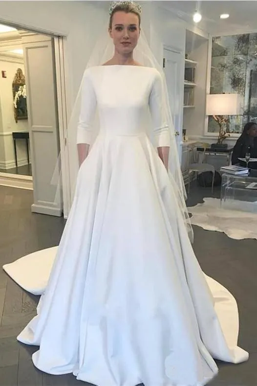 Modest Satin A-Line 3/4 Long Sleeve Wedding Dress With Full Covered Back and Pockets-715740