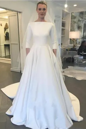 Modest Satin A-Line 3/4 Long Sleeve Wedding Dress With Full Covered Back and Pockets-715740
