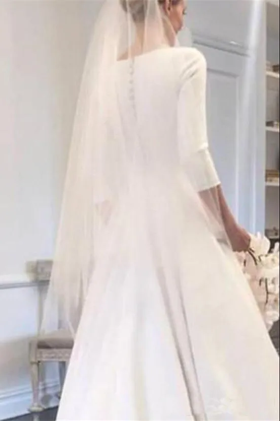 Modest Satin A-Line 3/4 Long Sleeve Wedding Dress With Full Covered Back and Pockets-715740