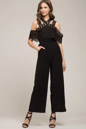 MOON RIVER Cold Shoulder Lace Jumpsuit