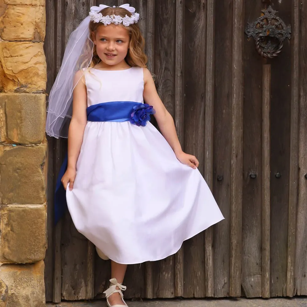 Morgan - Bridal Ivory or White - Baby Blue Sash and Flower