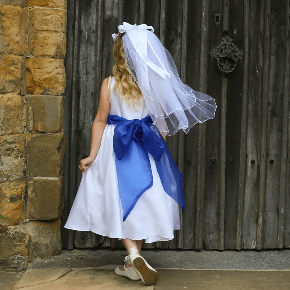 Morgan - Bridal Ivory or White - Baby Blue Sash and Flower