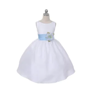 Morgan - Bridal Ivory or White - Baby Blue Sash and Flower