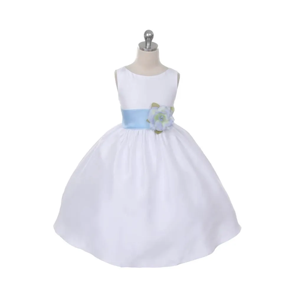 Morgan - Bridal Ivory or White - Baby Blue Sash and Flower