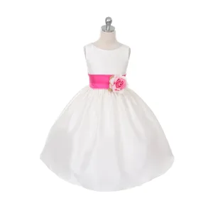 Morgan - Bridal Ivory or White - Fuchsia Pink Sash and Flower