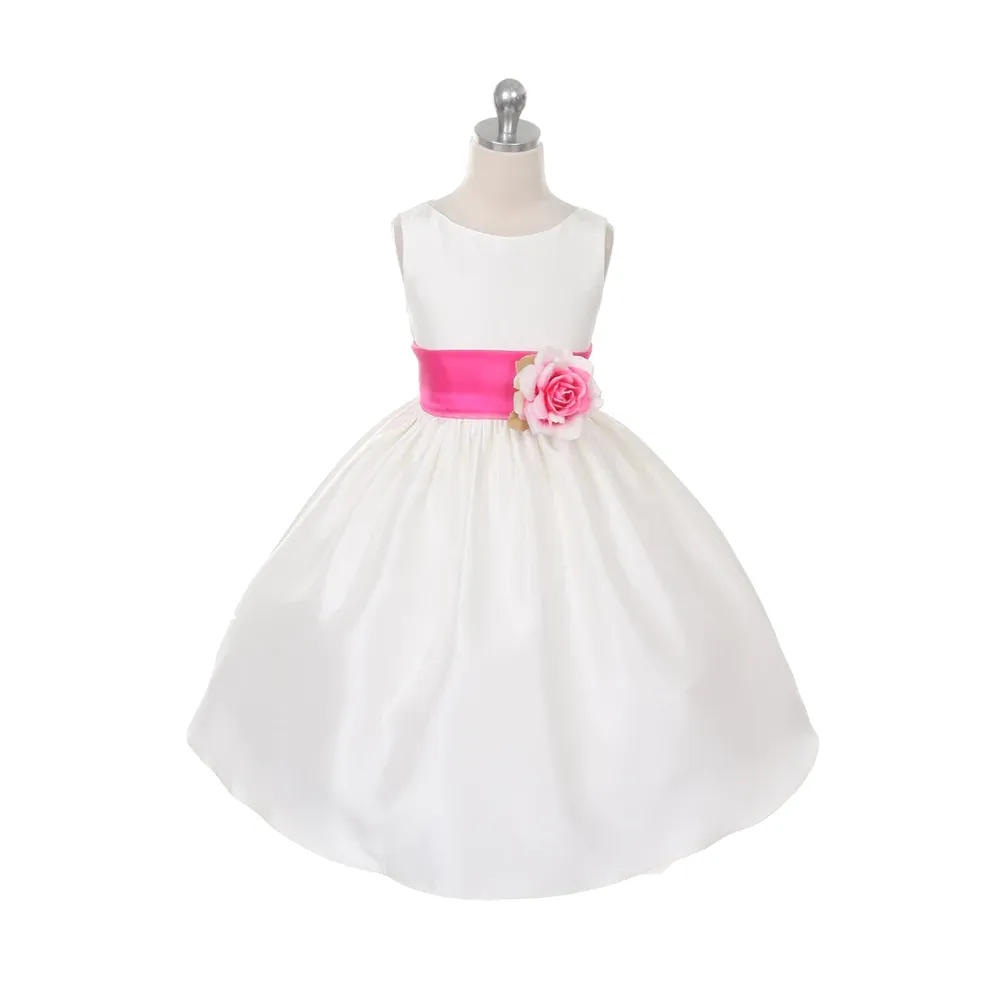 Morgan - Bridal Ivory or White - Fuchsia Pink Sash and Flower