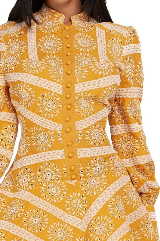 MUSTARD EYELET MINI DRESS