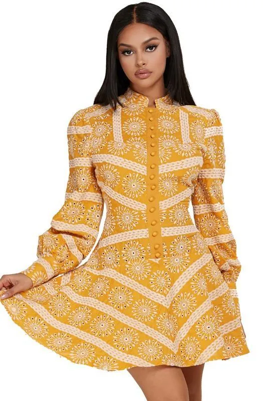 MUSTARD EYELET MINI DRESS