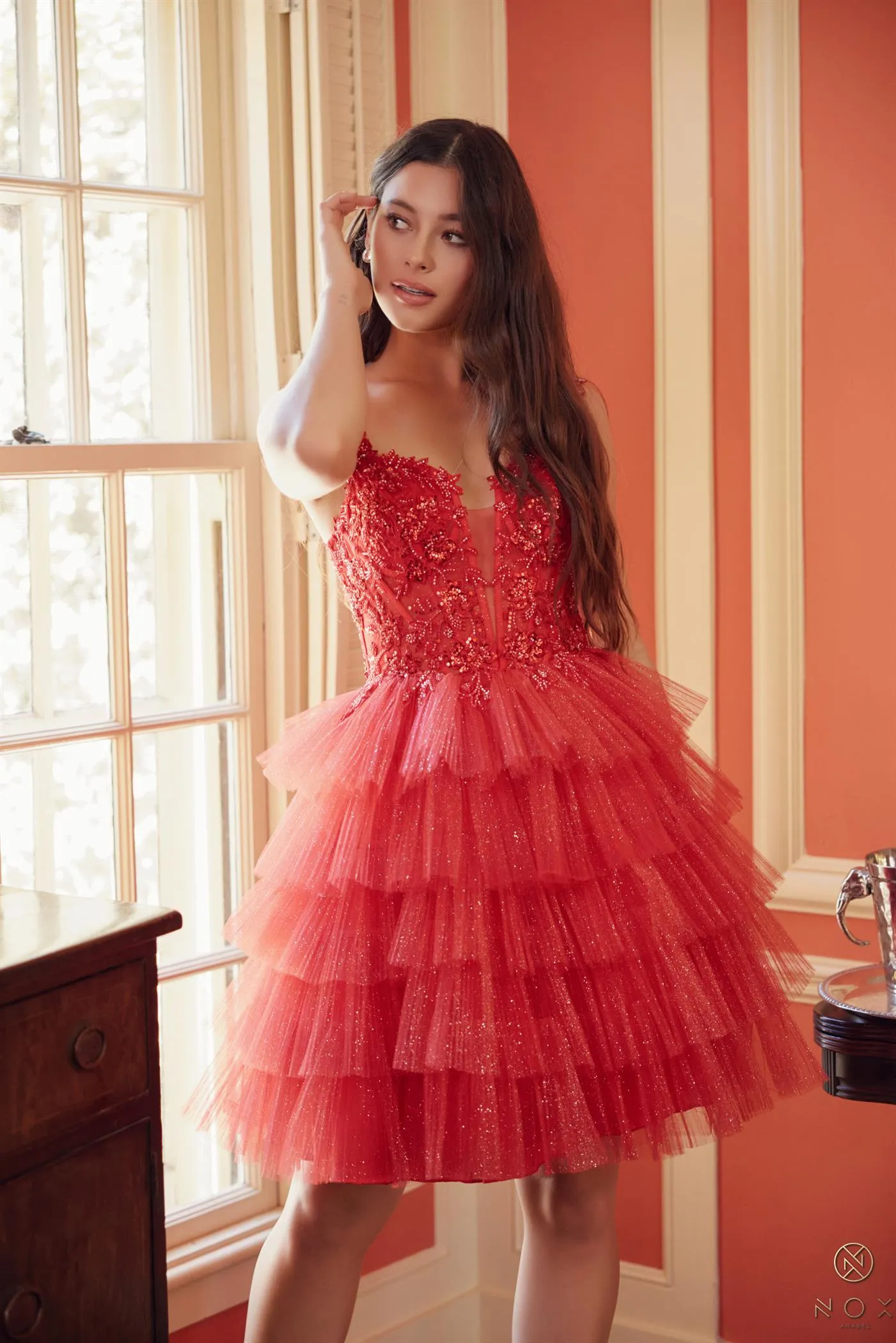 N E904 - Short Shimmer Tulle A-Line Homecoming Dress with Sheer Bead Embellished Bodice Open Lace Up Back & Layered Ruffle Skirt