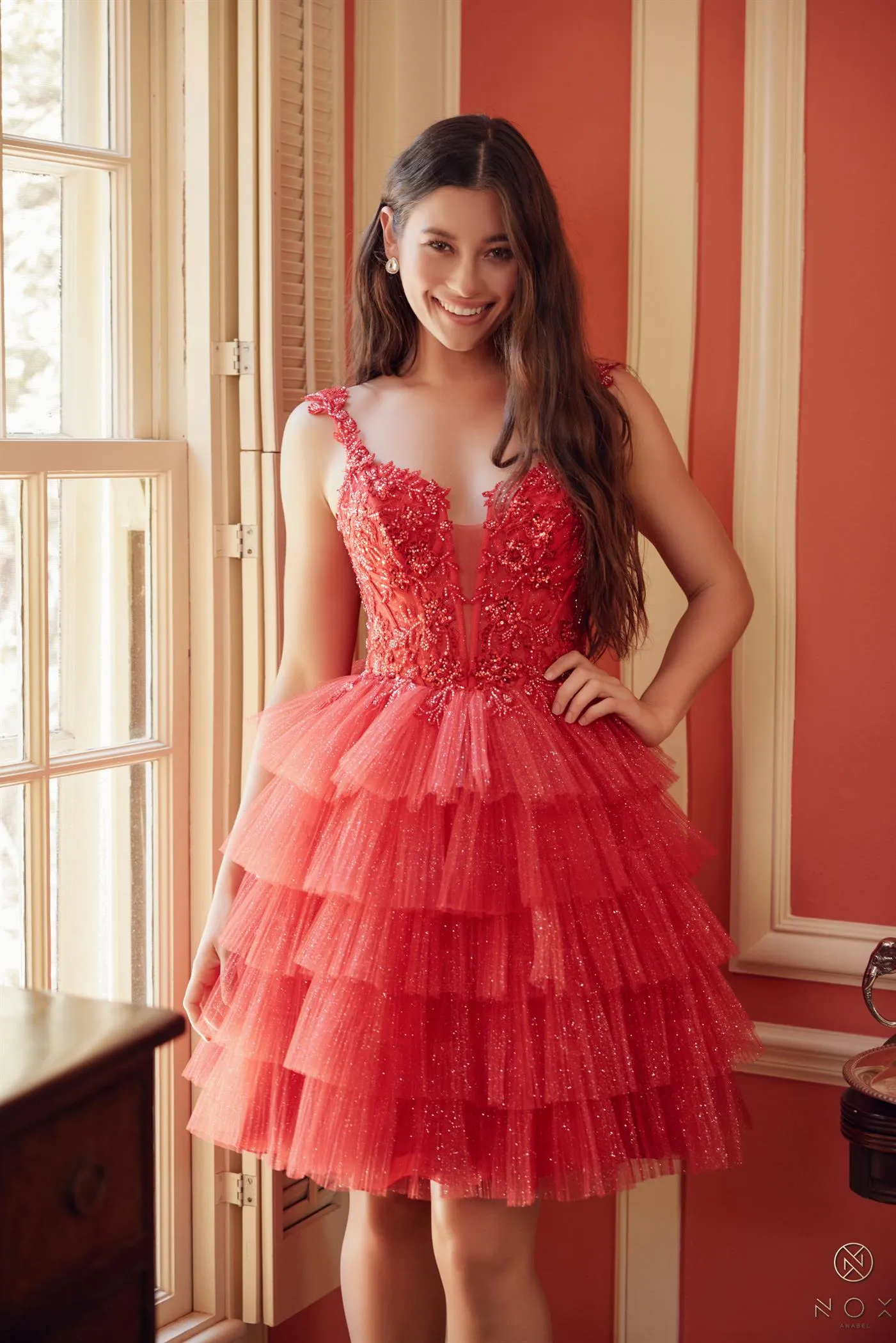 N E904 - Short Shimmer Tulle A-Line Homecoming Dress with Sheer Bead Embellished Bodice Open Lace Up Back & Layered Ruffle Skirt