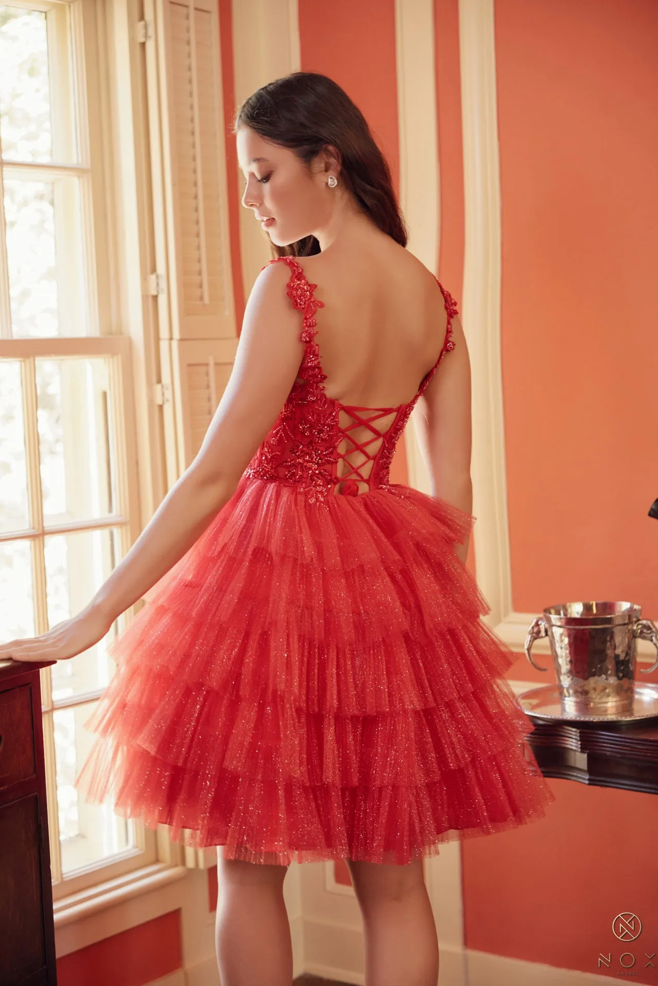 N E904 - Short Shimmer Tulle A-Line Homecoming Dress with Sheer Bead Embellished Bodice Open Lace Up Back & Layered Ruffle Skirt